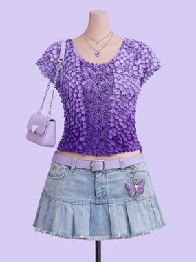 Vintage Y2K Purple Ombre Popcorn Top Size M Stretch Textured Top Fairy Grunge
